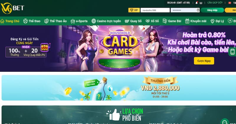 Điền các thông tin khi đăng nhập V9bet